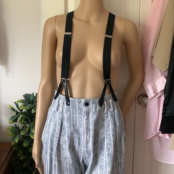 Vtg 80s striped denim pleated front suspender jeans 26 waist - Picture 8 of 13